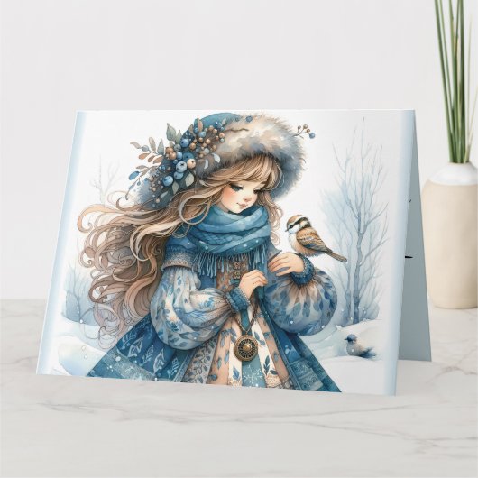 Winter Meisje met Vogel in Blauwe Bloemen Jas Kaart (Voorkant)