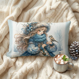 Winter Meisje met Vogel in Blauwe Bloemen Jas Kussen