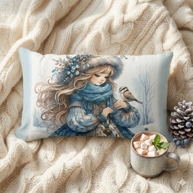 Winter Meisje met Vogel in Blauwe Bloemen Jas Kussen (Winter Girl with Bird in Blue Floral Coat Lumbar Pillow Mockup A)