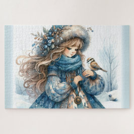 Winter Meisje met Vogel in Blauwe Bloemen Jas Legpuzzel