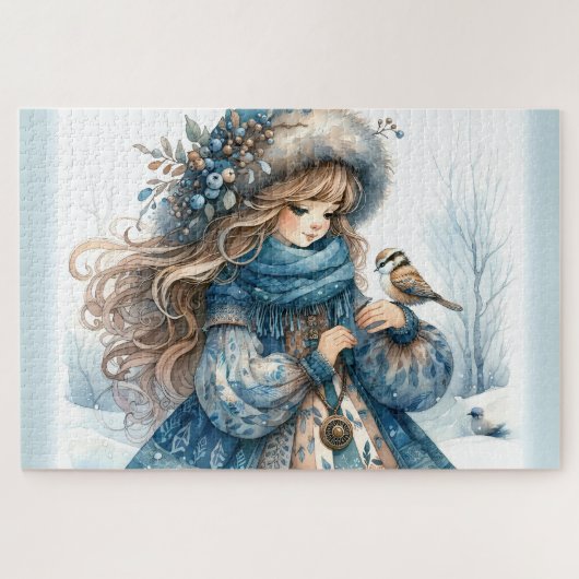 Winter Meisje met Vogel in Blauwe Bloemen Jas Legpuzzel (Horizontaal)