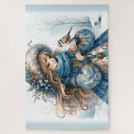 Winter Meisje met Vogel in Blauwe Bloemen Jas Legpuzzel
