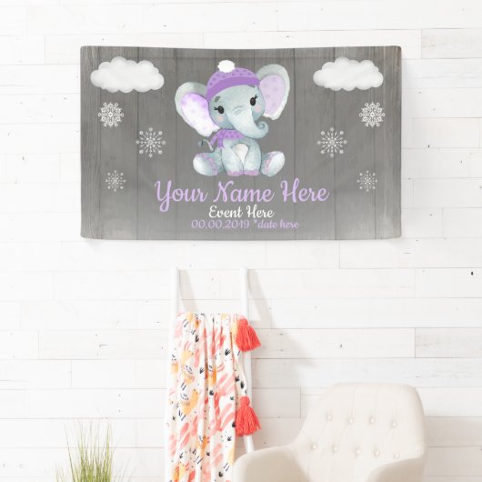 Winter Meisje Olifant Achtergrond Paarse Sneeuwvlo Spandoek (Insitu)