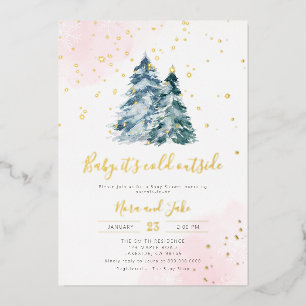 Winter Meisje Roze Goud Sneeuwvlokken Baby Borrel Folie Uitnodiging