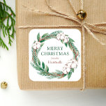 Winter Merry Christmas Waterverf Greenery Krans Vierkante Sticker<br><div class="desc">Deze gepersonaliseerde feeststicker is voorzien van een waterverf met groene en bruine wintergroen,  met inbegrip van dennenvlokken en katoen. De woorden "Vrolijk Kerstfeest" staan in het groene serif lettertype. Pas het ontwerp aan met uw familienaam hieronder in bruin cursief.</div>