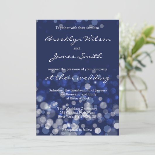 Winter met huwelijk uitnodiging Blue Bokeh (Staand voorkant)