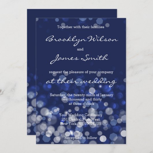 Winter met huwelijk uitnodiging Blue Bokeh (Voorkant / Achterkant)