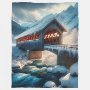 Winter, met sneeuw bedekte brug en rivier fleece deken