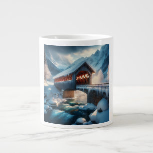Winter, met sneeuw bedekte brug en rivier grote koffiekop