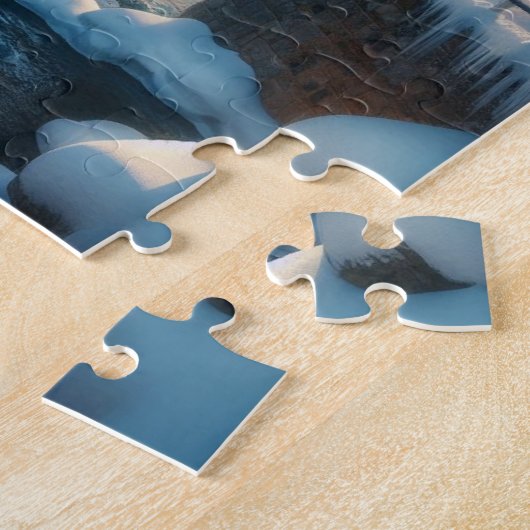 Winter, met sneeuw bedekte brug en rivier legpuzzel (Zijkant)