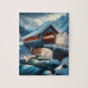 Winter, met sneeuw bedekte brug en rivier legpuzzel