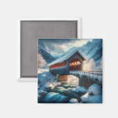 Winter, met sneeuw bedekte brug en rivier magneet (Voorkant / Achterkant)