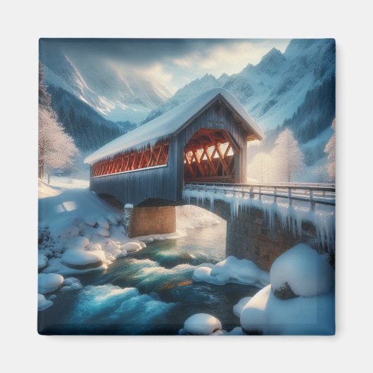 Winter, met sneeuw bedekte brug en rivier magneet (Voorkant)
