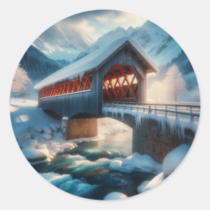 Winter, met sneeuw bedekte brug en rivier ronde sticker