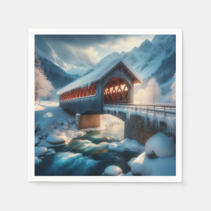 Winter, met sneeuw bedekte brug en rivier servet