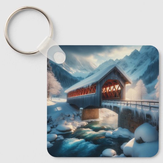 Winter, met sneeuw bedekte brug en rivier sleutelhanger (Voorkant)