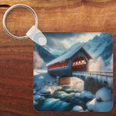Winter, met sneeuw bedekte brug en rivier sleutelhanger (Voorkant)