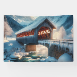 Winter, met sneeuw bedekte brug en rivier spandoek