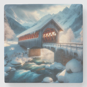Winter, met sneeuw bedekte brug en rivier stenen onderzetter