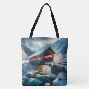 Winter, met sneeuw bedekte brug en rivier tote bag