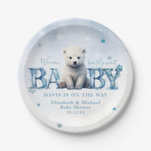 Winter Modern Bearly Wait Sneeuwvlok Baby shower Papieren Bordje (Voorkant)