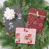 Winter Modern Fun Panda Rood Roze Kerst Inpakpapier Vel