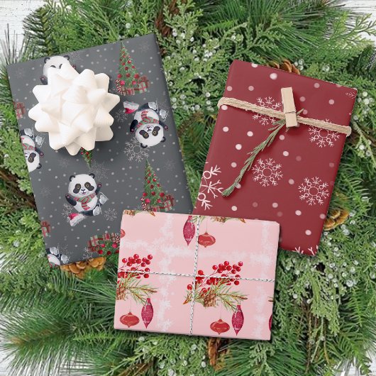Winter Modern Fun Panda Rood Roze Kerst Inpakpapier Vel