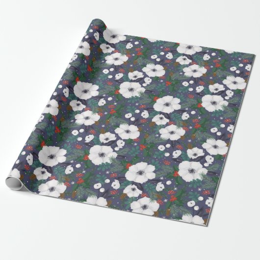 Winter Moderne Kerst Bloemen Patroon Cadeaupapier (Uitgerold)
