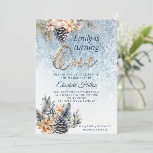 Winter moderne vorst bloemeneerste verjaardag kaart (Staand voorkant)