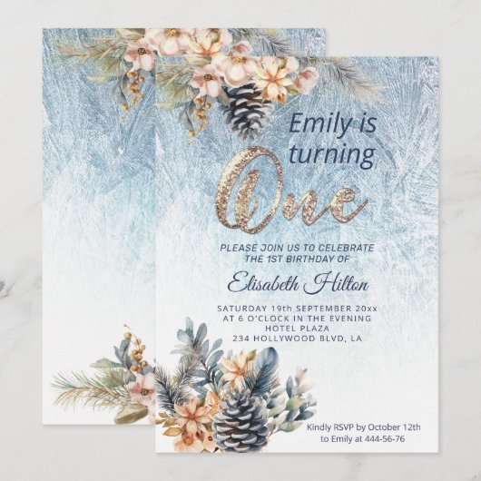 Winter moderne vorst bloemeneerste verjaardag kaart (Voorkant / Achterkant)