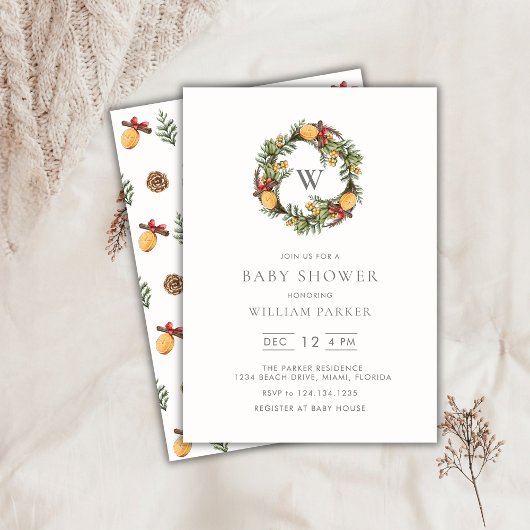 Winter Monogram krans Baby shower uitnodiging