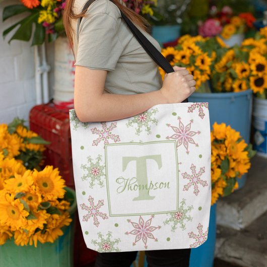 Winter Monogram Snowflake Modern Holiday Stijlvol Tote Bag