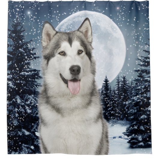 Winter Moon Husky Shower Curtain Douchegordijn (Voorkant)