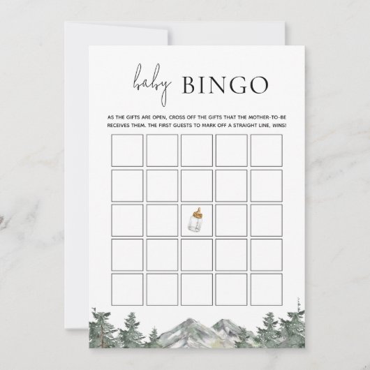 Winter Mountain Baby shower Bingo spel Kaarten (Voorkant)