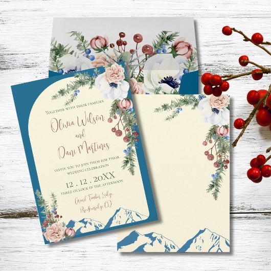 Winter Mountain Flowers Wedding Invitation Kaart