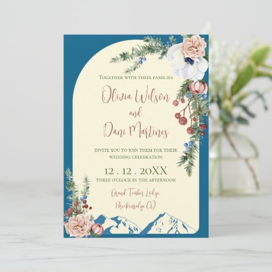Winter Mountain Flowers Wedding Invitation Kaart (Staand voorkant)