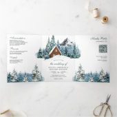 Winter Mountain Forest Cabin Lodge QR Code Trouwen Drieluik Uitnodiging (Binnen)