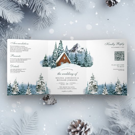 Winter Mountain Forest Cabin Lodge QR Code Trouwen Drieluik Uitnodiging