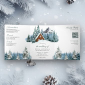 Winter Mountain Forest Cabin Lodge QR Code Weddens Drieluik Uitnodiging