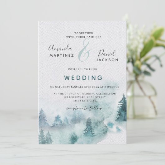 Winter Mountain Forest Rustic Wedding Invitation Kaart (Staand voorkant)