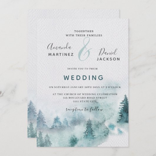 Winter Mountain Forest Rustic Wedding Invitation Kaart (Voorkant / Achterkant)