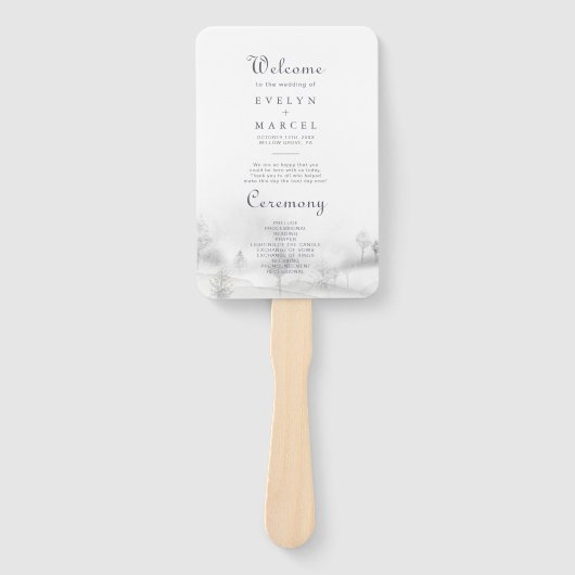 Winter Mountain Forest Wedding Programme Handwaaier (Voorkant)