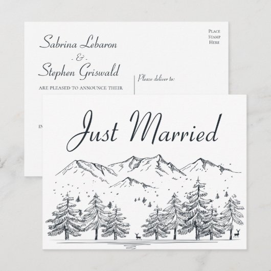 Winter Mountain Gewoon Getrouwd Trouwbomen Natuur Aankondigingskaart (Voorkant / Achterkant)