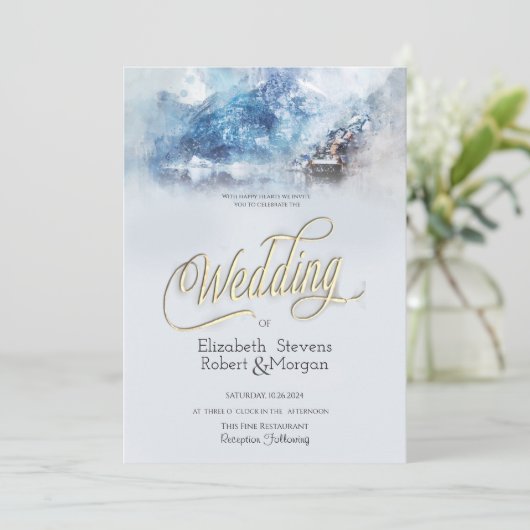 Winter Mountain Lake bruiloft Kaart (Staand voorkant)