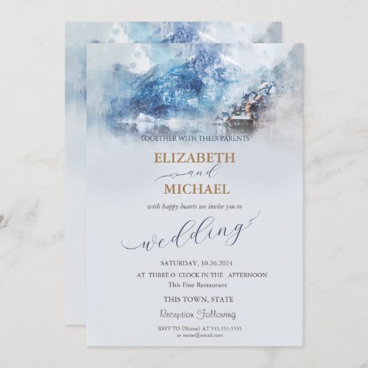 Winter Mountain Lake bruiloft uitnodiging (Voorkant / Achterkant)