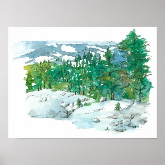 Winter Mountain Landscape Rocks Evergreen Trees Poster (Voorkant)