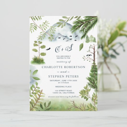 Winter Mountain Pine Tree initialen foto bruiloft Kaart (Staand voorkant)