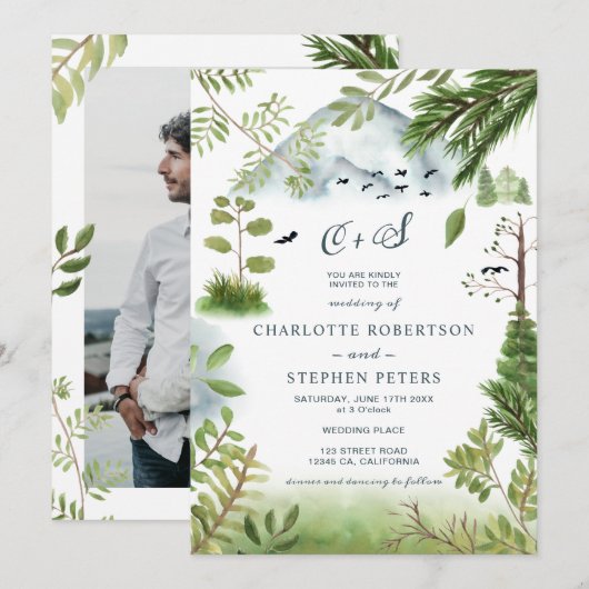 Winter Mountain Pine Tree initialen foto bruiloft Kaart (Voorkant / Achterkant)