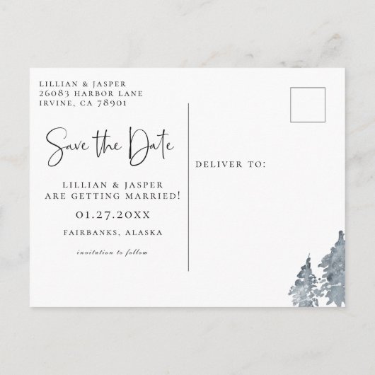 Winter Mountain Save the Date Aankondigingskaart (Achterkant)