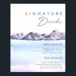 Winter Mountain Signature Drinks Sign Poster<br><div class="desc">This Winter Mountain signature drinks sign is just what you've been looking for to complete your simple rustic moody wedding. Designed with pink and blue pastel watercolor that blends beautifully into navy and blush highlights all of which perfectly capture an evening in nature. It is sure to bring your minimalist...</div>